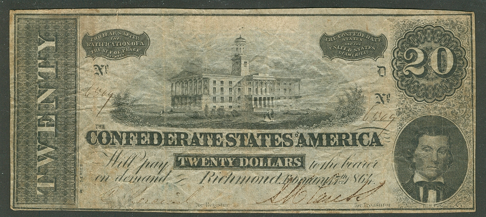 1864 $20 Confederate States of America, Richmond, February 17, VF, 6509